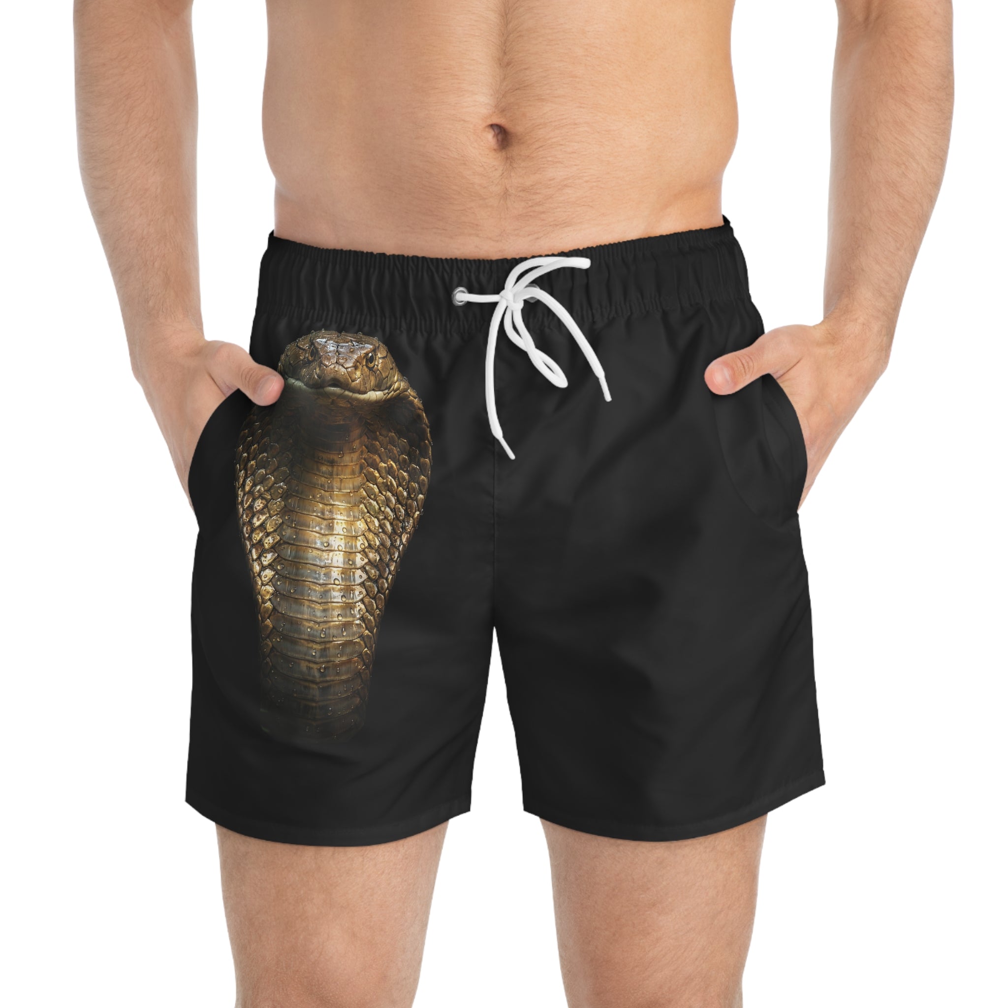 Cobra Graphic Swim Trunks — Black Snake Print Beach Shorts