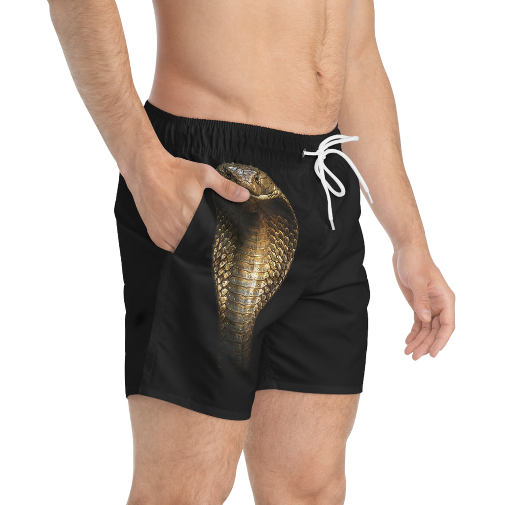 Cobra Graphic Swim Trunks — Black Snake Print Beach Shorts